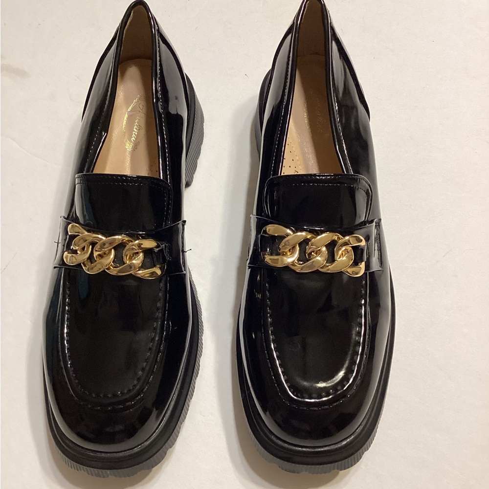 Black Patent Leather Loafers with Gold Chain